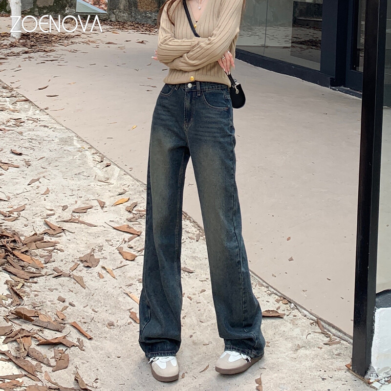 ZOENOVA kevad uus retropesu laia säärega püksid naiste mood teksad Kontori Daam Elegantne kõrge vöökoht sirge mitmekülgne teksapüks
