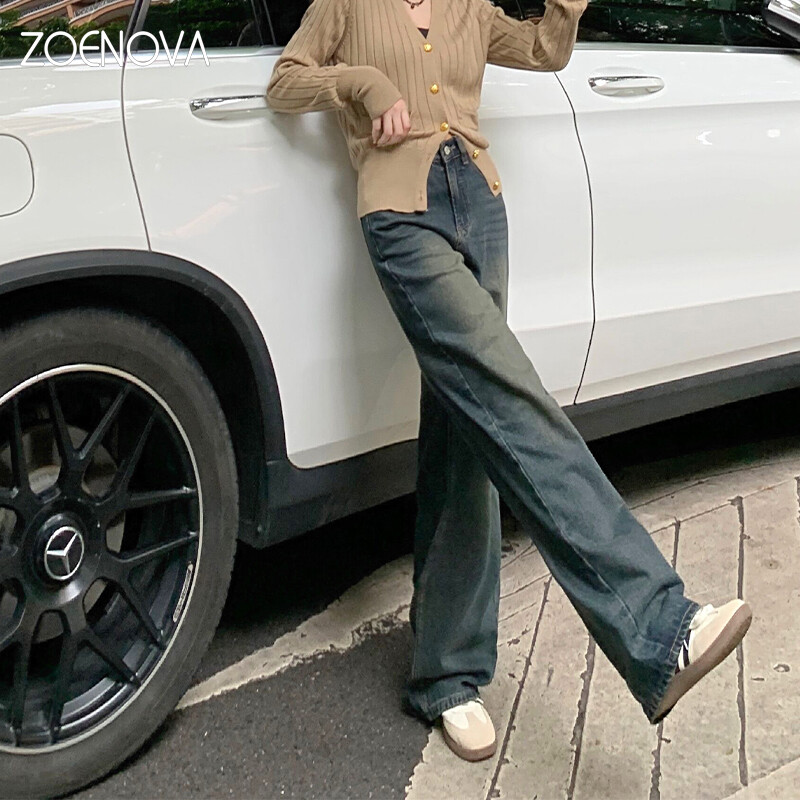ZOENOVA kevad uus retropesu laia säärega püksid naiste mood teksad Kontori Daam Elegantne kõrge vöökoht sirge mitmekülgne teksapüks