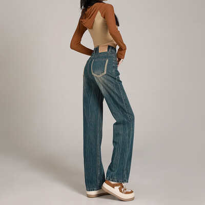 ZOENOVA Harajuku Street Y2K Дамски дънки с прави крачоли 2024 Пролетна мода Нови панталони с широки крачоли Ежедневни еластични дънкови панталони