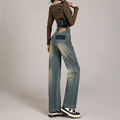 ZOENOVA Harajuku Street Y2K Дамски дънки с прави крачоли 2024 Пролетна мода Нови панталони с широки крачоли Ежедневни еластични дънкови панталони