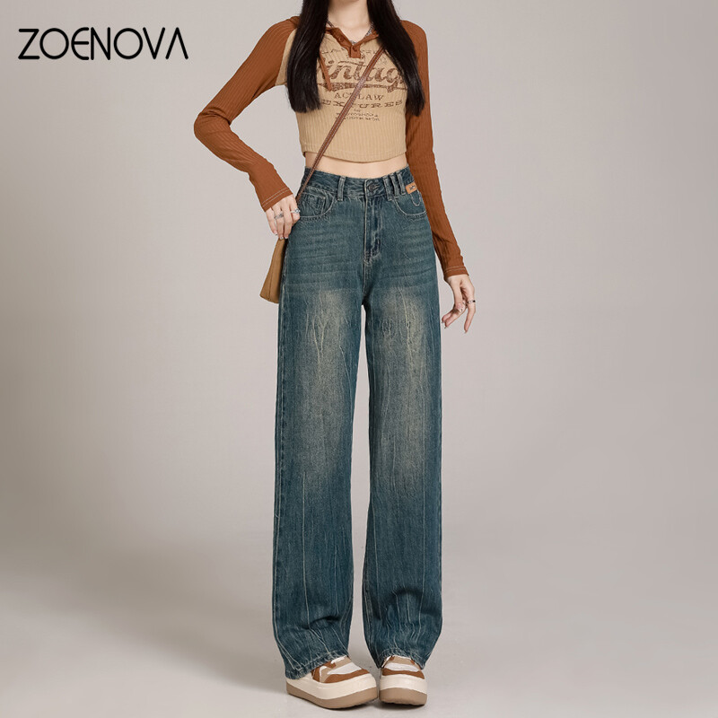 ZOENOVA Harajuku Street Y2K Дамски дънки с прави крачоли 2024 Пролетна мода Нови панталони с широки крачоли Ежедневни еластични дънкови панталони