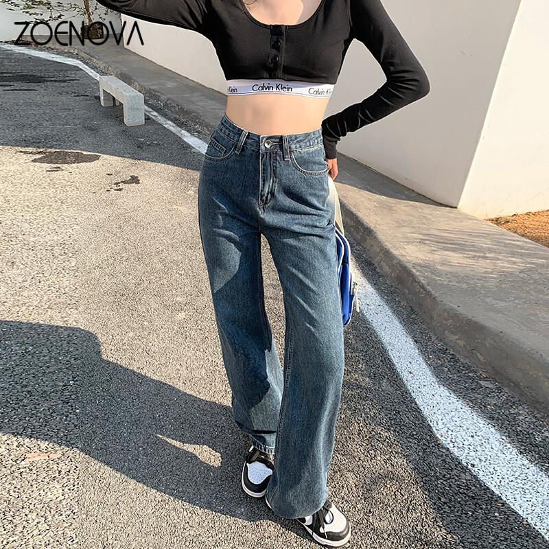 ZOENOVA 2024 Proljeće Premium ravne ženske traperice Ležerne ravne široke hlače visokog struka Y2K Ulične svestrane traper hlače