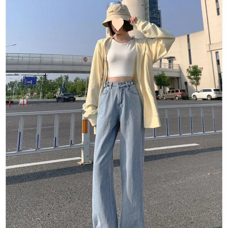 Ravne široke traperice za žene visokog struka 2024. proljeće novi stil svijetle boje visokog struka, tanke, niskog stasa široke hlače za brisanje