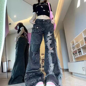 Vintage američke radne traperice s više džepova Ženske široke poderane hlače za mršavljenje, široke nogavice, ljetne High Street