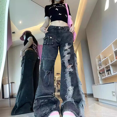 Blugi de lucru în stil american de epocă, cu buzunare multiple, pantaloni largi, rupti, slăbiți, cu picior largi, pantaloni de vară, stradă