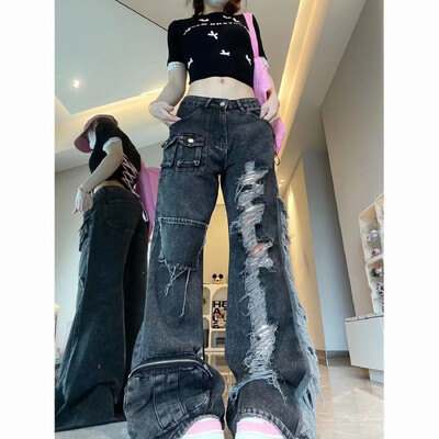 Vintage američke radne traperice s više džepova Ženske široke poderane hlače za mršavljenje, široke nogavice, ljetne High Street