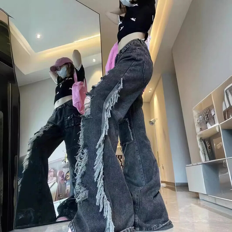 Vintage američke radne traperice s više džepova Ženske široke poderane hlače za mršavljenje, široke nogavice, ljetne High Street