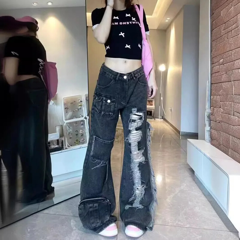 Vintage američke radne traperice s više džepova Ženske široke poderane hlače za mršavljenje, široke nogavice, ljetne High Street