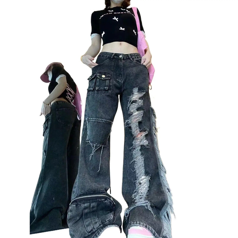 Vintage američke radne traperice s više džepova Ženske široke poderane hlače za mršavljenje, široke nogavice, ljetne High Street