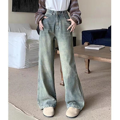 Xpqbb Jesen Zimske traperice Ženske Y2K Vintage ravne isprane traper hlače Ženske ulične ležerne široke ženske hlače visokog struka