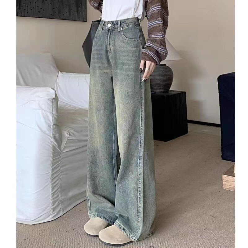 Xpqbb Jesen Zimske traperice Ženske Y2K Vintage ravne isprane traper hlače Ženske ulične ležerne široke ženske hlače visokog struka