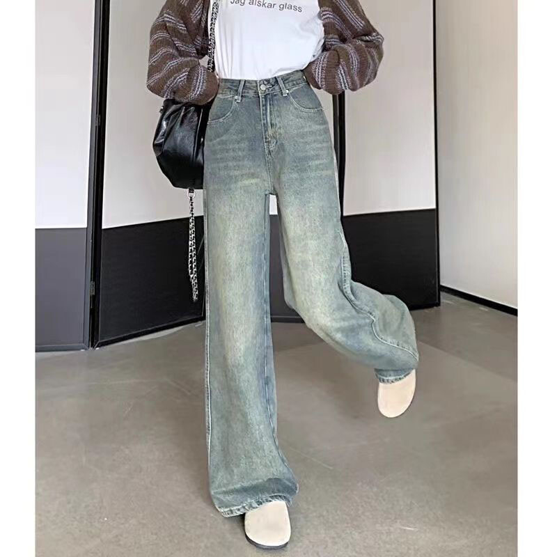 Xpqbb Jesen Zimske traperice Ženske Y2K Vintage ravne isprane traper hlače Ženske ulične ležerne široke ženske hlače visokog struka