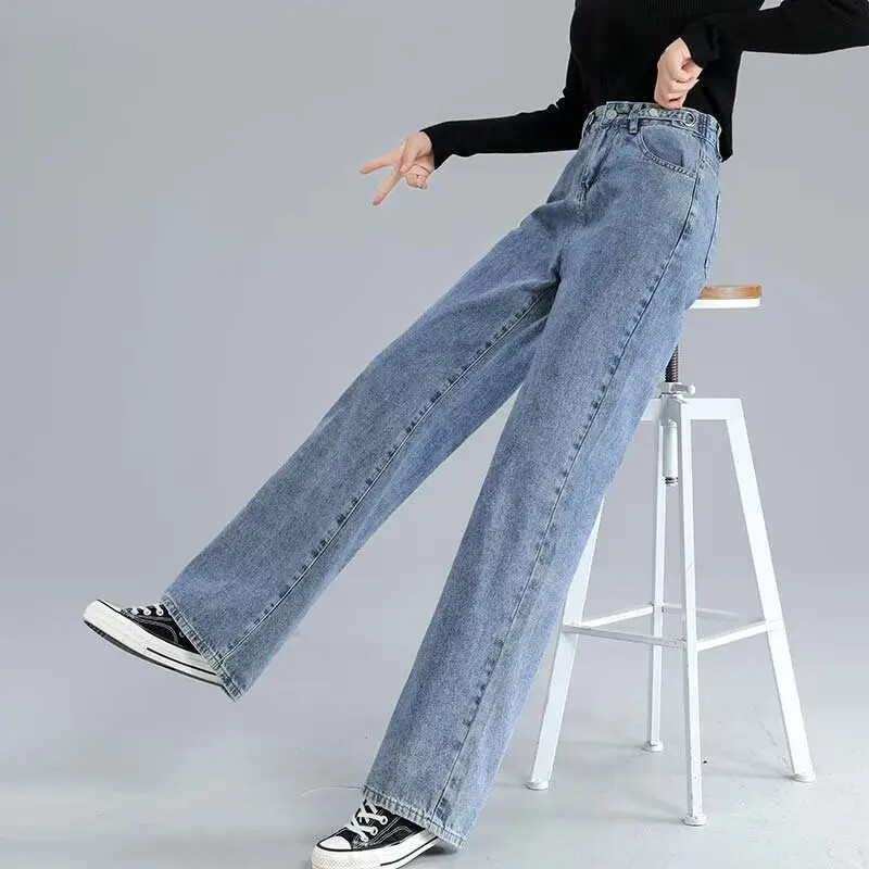 American Style Design Sensibility Naiste sirge säärega teksad Kõrge vöökohaga salendavad lahtised peenikesed püksid kevadsügis