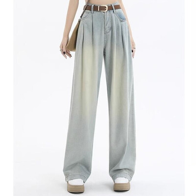 Naine kõrge vöökohaga sirge säärega Teksad Daami lahtised teksapüksid laia säärega püksid tüdrukud korea khaki retrosinine helesinine hall valge püksid