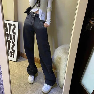 Black Fade Tie-dye Smoke Grey Jeans Ženske male hlače visokog struka, ravnih nogavica, širokih nogavica koje se povlače