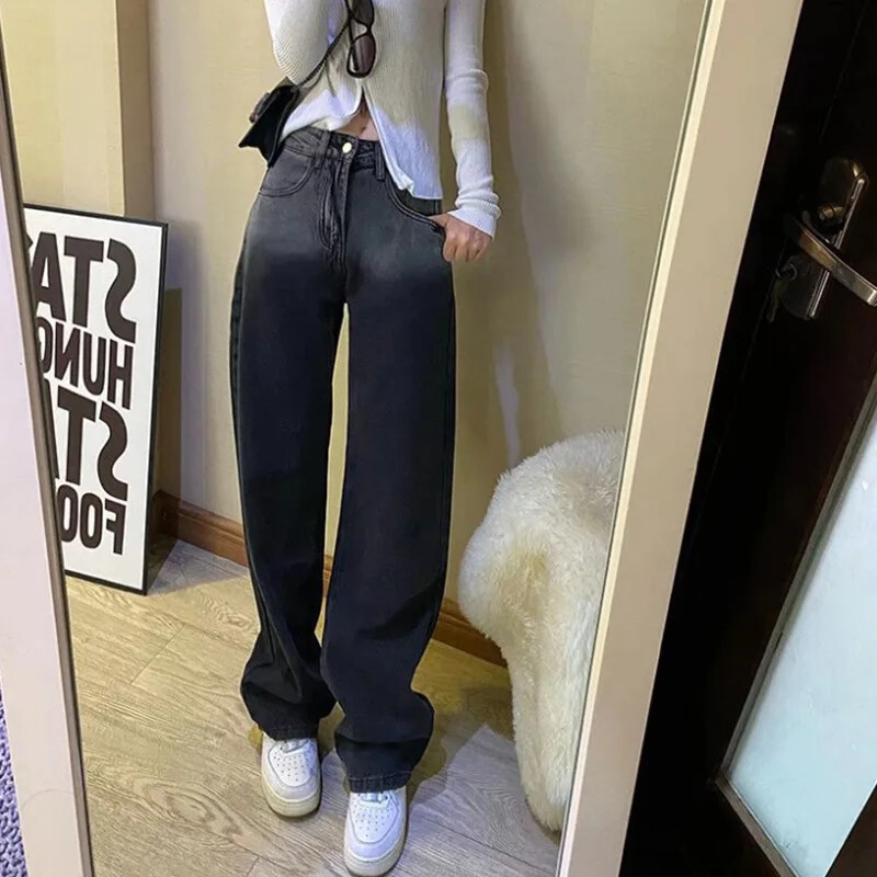 Black Fade Tie-dye Smoke Grey Jeans Ženske male hlače visokog struka, ravnih nogavica, širokih nogavica koje se povlače