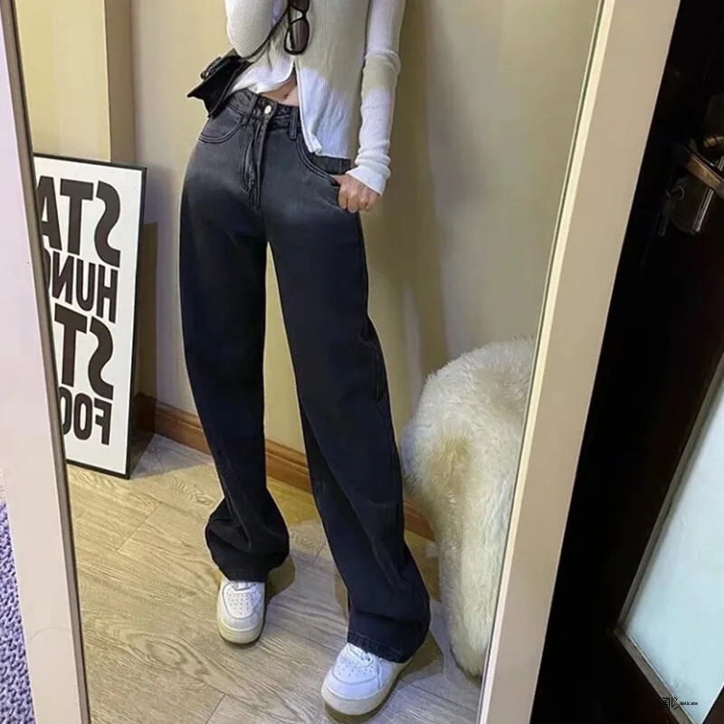 Black Fade Tie-dye Smoke Grey Jeans Ženske male hlače visokog struka, ravnih nogavica, širokih nogavica koje se povlače