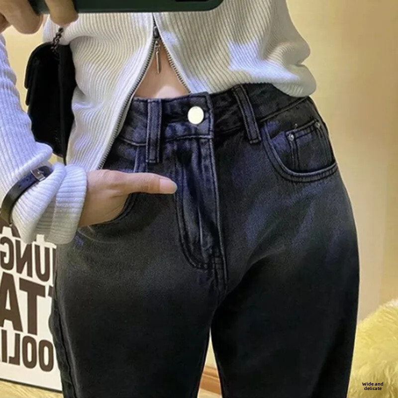 Black Fade Tie-dye Smoke Grey Jeans Ženske male hlače visokog struka, ravnih nogavica, širokih nogavica koje se povlače