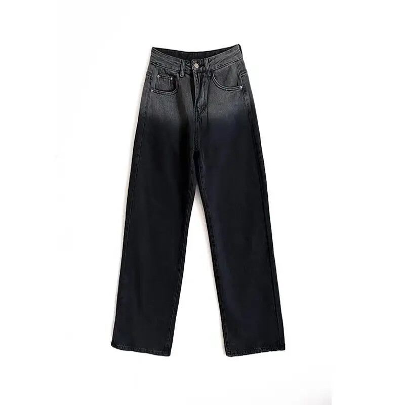 Black Fade Tie-dye Smoke Grey Jeans Ženske male hlače visokog struka, ravnih nogavica, širokih nogavica koje se povlače