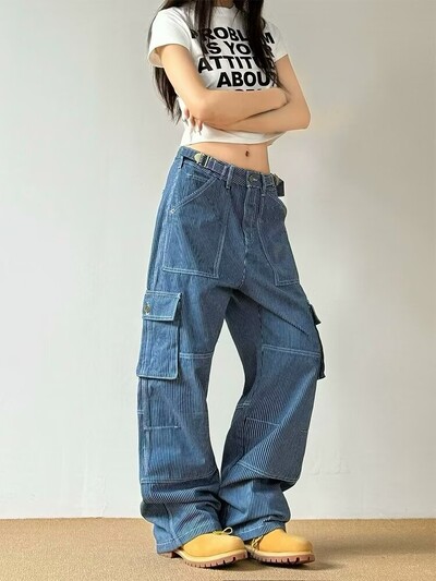 Pantaloni cargo cu mai multe buzunare în dungi pentru femei Blugi americani retro cu talie înaltă Blugi largi pentru femei Harajuku Hip Hop Hot Girl Pantaloni Y2k