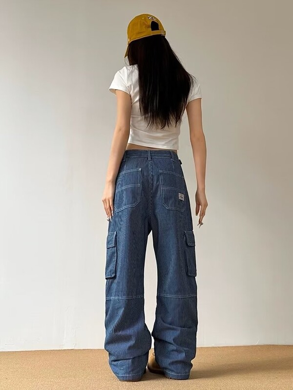 Prugaste Cargo hlače s više džepova za žene Američke retro traperice visokog struka široke traperice Ženske harajuku hip hop vruće djevojačke Y2k hlače