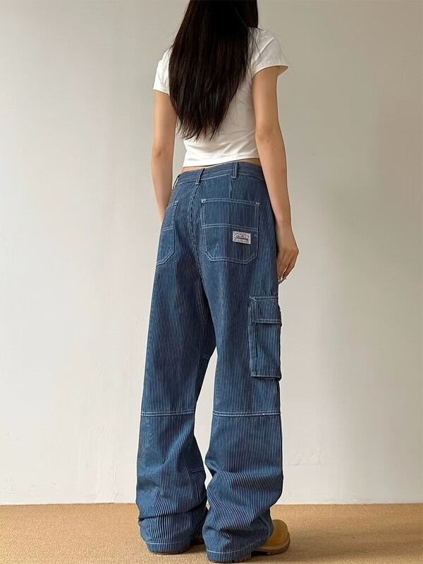 Prugaste Cargo hlače s više džepova za žene Američke retro traperice visokog struka široke traperice Ženske harajuku hip hop vruće djevojačke Y2k hlače