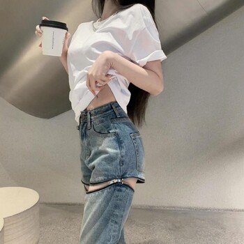 Καλοκαιρινό αποσπώμενο φερμουάρ Two Wear Ripped Wide Leg Jeans Γυναικείο σχέδιο Sense Σορτς Spice Girl Sweet Cool Παντελόνι