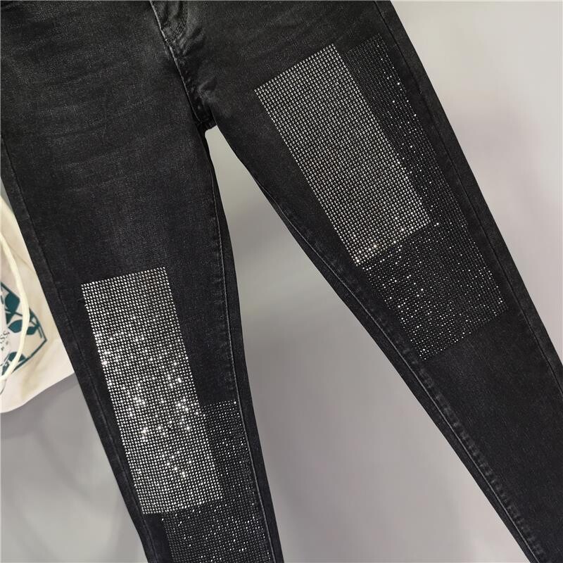 Άνοιξη Φορέστε Νέο διάτρητο τζιν Γυναικείο μαργαριτάρι μαύρο παντελόνι με χάντρες νυχιών με λεπτή και ευέλικτη ψηλόμεση Z147