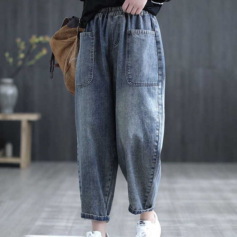 Nove Boyfriend retro traperice Ženske harem hlače visokog struka Široke rastezljive traperice velikih džepova Mujer C449
