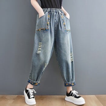 Ψηλόμεση Boyfriend Jeans Γυναικεία Νέα Ανοιξιάτικα vintage Streetwear 2024 Floral Ebroidery Basics Γυναικείο τζιν παντελόνι χαρέμι B3782