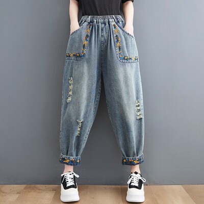 Ψηλόμεση Boyfriend Jeans Γυναικεία Νέα Ανοιξιάτικα vintage Streetwear 2024 Floral Ebroidery Basics Γυναικείο τζιν παντελόνι χαρέμι B3782