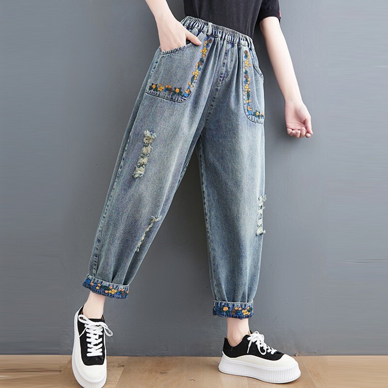 Kõrge vöökohaga poiss-sõbrateksad, naised, uued 2024. aasta kevadvintage tänavarõivad Lilletikandi põhitõed Naiste denim-haaremipüksid B3782