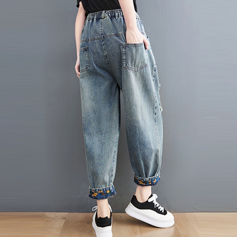 Kõrge vöökohaga poiss-sõbrateksad, naised, uued 2024. aasta kevadvintage tänavarõivad Lilletikandi põhitõed Naiste denim-haaremipüksid B3782