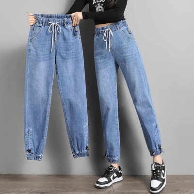Streetwear ψηλόμεσο Jogger Harem Jeans Γυναικεία casual Vintage τζιν φούτερ Κορεάτικο παντελόνι Vaqueros με κορδόνι Νέο