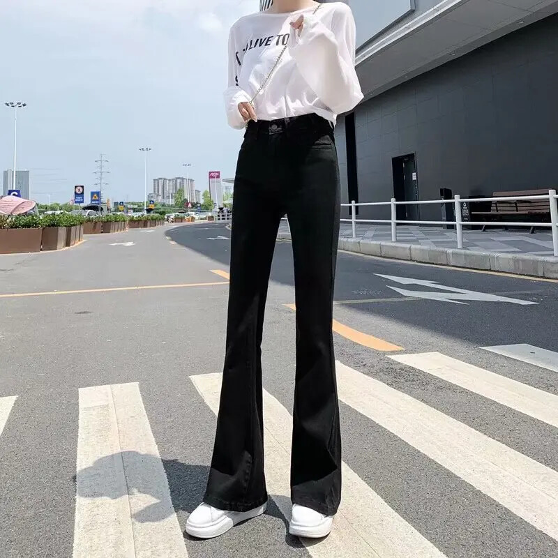 Леки дънкови панталони с камбанка Миниатюрни изрязани панталони с висока талия за жени за 2021 г. с широки крачоли