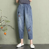 Elastne vöökoht teksad Naiste vintage tikandid teksapüksid naistele vabaaja retro lilleline kauboi mood kärbitud haaremipüksid V506