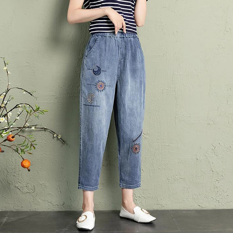 Elastne vöökoht teksad Naiste vintage tikandid teksapüksid naistele vabaaja retro lilleline kauboi mood kärbitud haaremipüksid V506