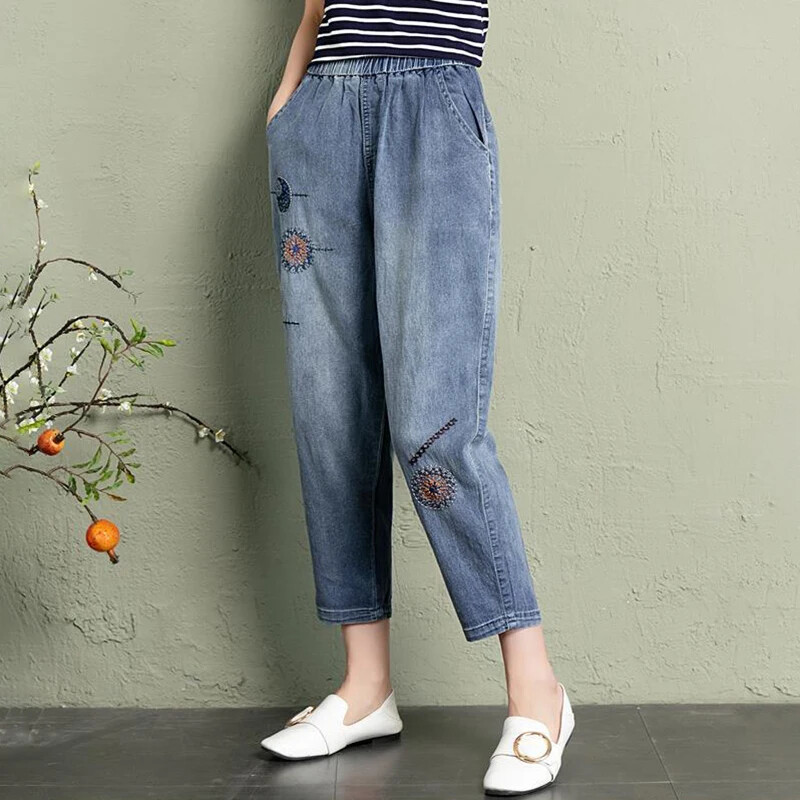 Elastne vöökoht teksad Naiste vintage tikandid teksapüksid naistele vabaaja retro lilleline kauboi mood kärbitud haaremipüksid V506