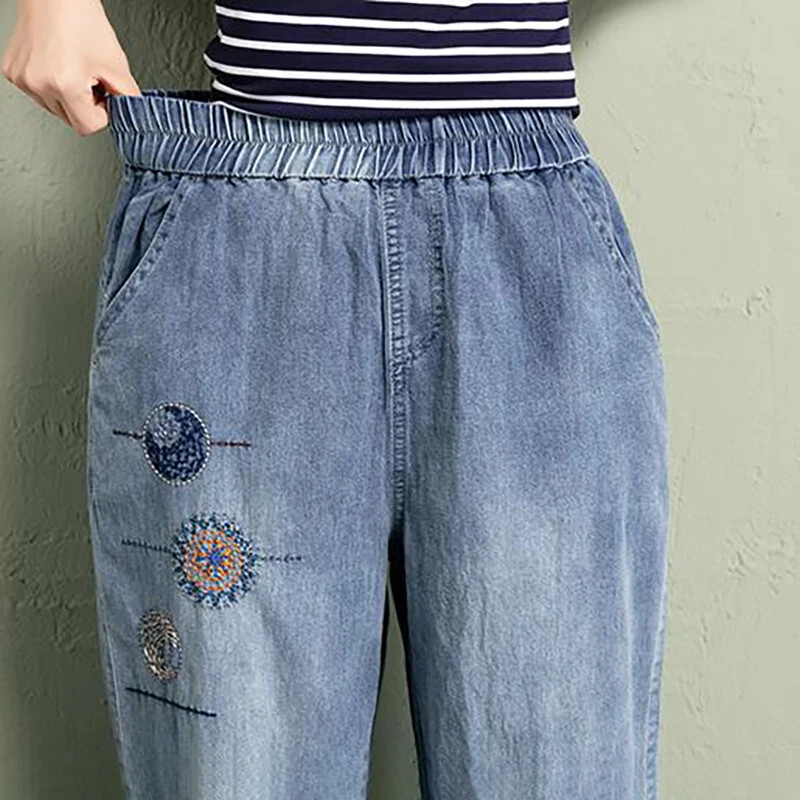 Elastne vöökoht teksad Naiste vintage tikandid teksapüksid naistele vabaaja retro lilleline kauboi mood kärbitud haaremipüksid V506