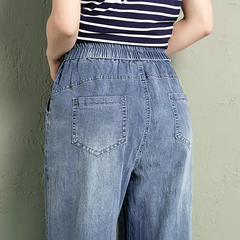 Elastne vöökoht teksad Naiste vintage tikandid teksapüksid naistele vabaaja retro lilleline kauboi mood kärbitud haaremipüksid V506