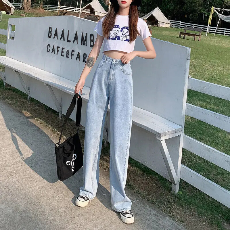Trendy proljeće jesen jeans ženske traperice visokog struka ravne nogavice širokog kroja široke nogavice za mršavljenje elegantne vučne hlače