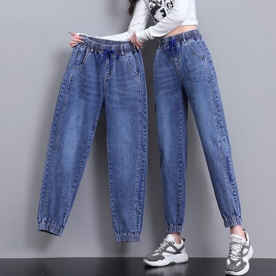 Blugi de damă la modă pentru primăvară și toamnă, pantaloni drepti la gleznă cu talie elastică, cu efect de slăbire Pantaloni cargo largi pentru femei