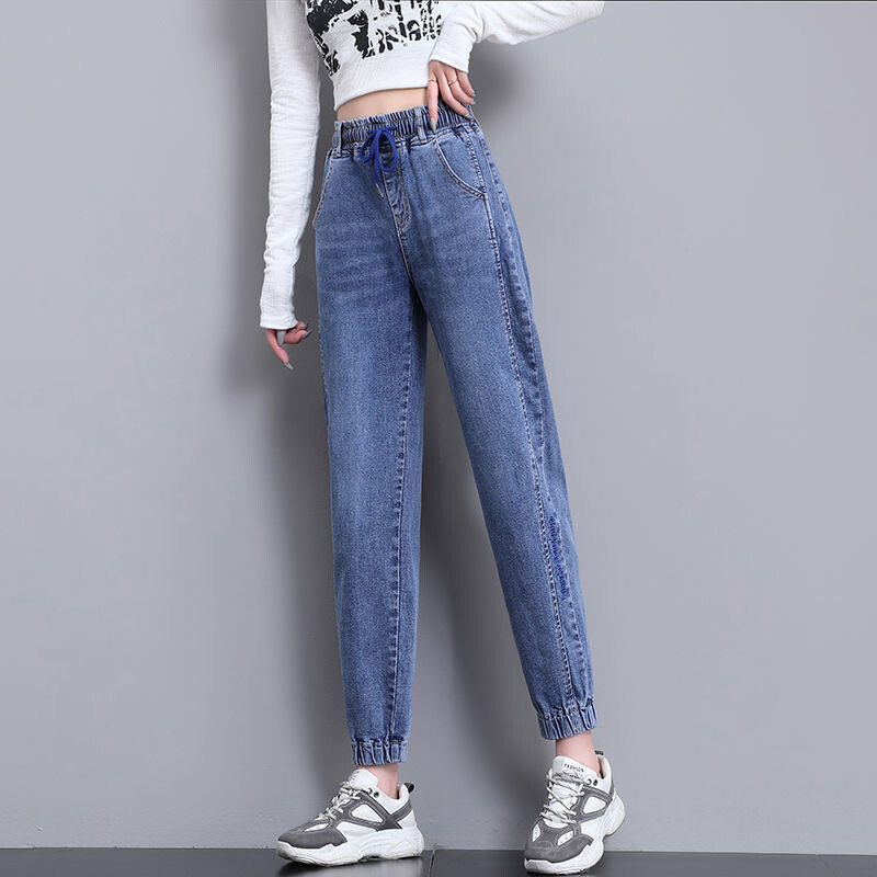 Trendi ženske traperice za proljeće i jesen, elastične hlače u struku, ravne hlače vezane uz gležnjeve s efektom mršavljenja Baggy Cargo hlače Ženske