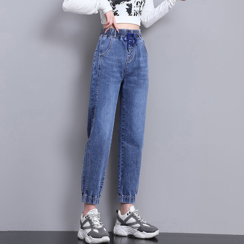 Trendi ženske traperice za proljeće i jesen, elastične hlače u struku, ravne hlače vezane uz gležnjeve s efektom mršavljenja Baggy Cargo hlače Ženske