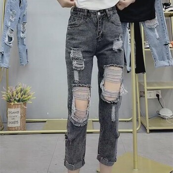 Скъсани дънки за жени Street Vintage Distressed Slightly Stretchy High Waisted Jeans Woman Tight Nine Women Clothing Pants