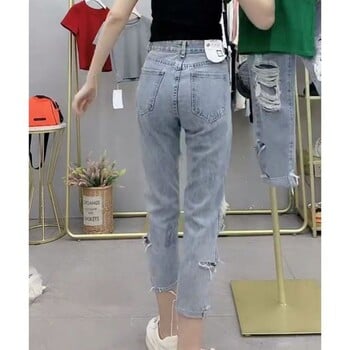 Скъсани дънки за жени Street Vintage Distressed Slightly Stretchy High Waisted Jeans Woman Tight Nine Women Clothing Pants