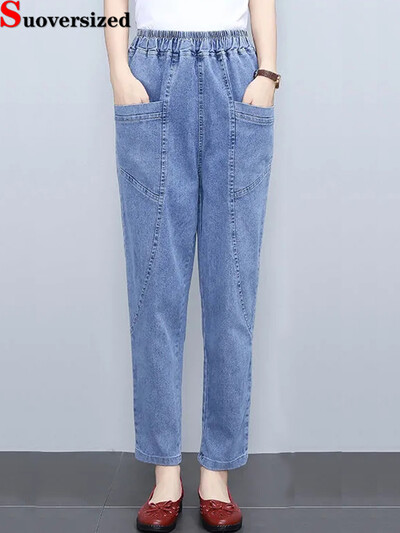 Mamă Blugi Harem până la glezne Coreeană Nouă cu buzunar mare Dreaptă Vaqueros Pantaloni largi cu talie înaltă Denim Pantaloni casual pentru femei