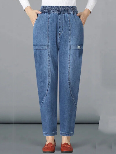 Ema pahkluuni ulatuvad haaremiteksad Korea uued suure taskuga sirged Vaqueros kottis kõrge vöökohaga teksapüksid naiste vabaaja kott Pantalones