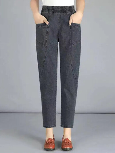 Ema pahkluuni ulatuvad haaremiteksad Korea uued suure taskuga sirged Vaqueros kottis kõrge vöökohaga teksapüksid naiste vabaaja kott Pantalones