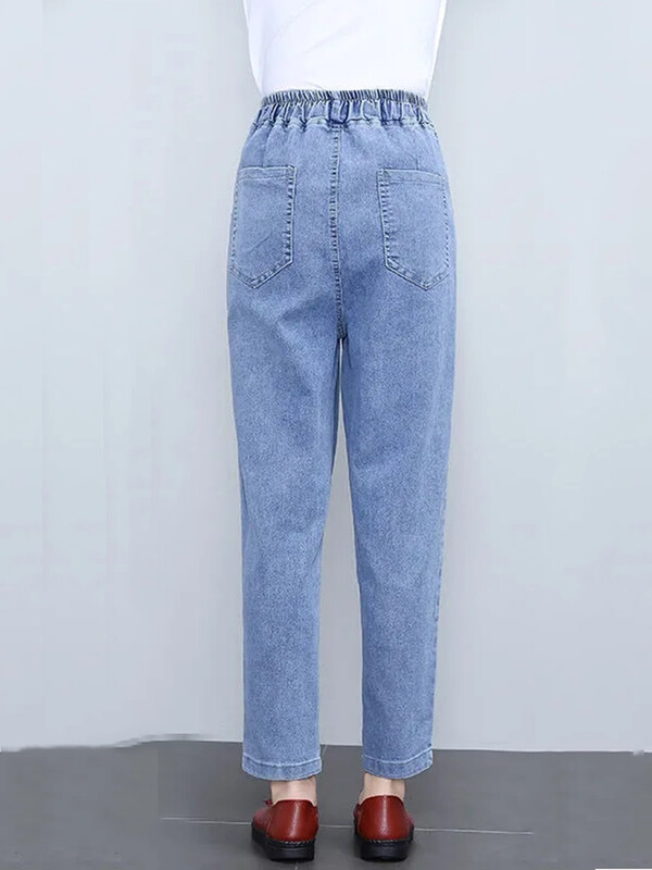 Ema pahkluuni ulatuvad haaremiteksad Korea uued suure taskuga sirged Vaqueros kottis kõrge vöökohaga teksapüksid naiste vabaaja kott Pantalones